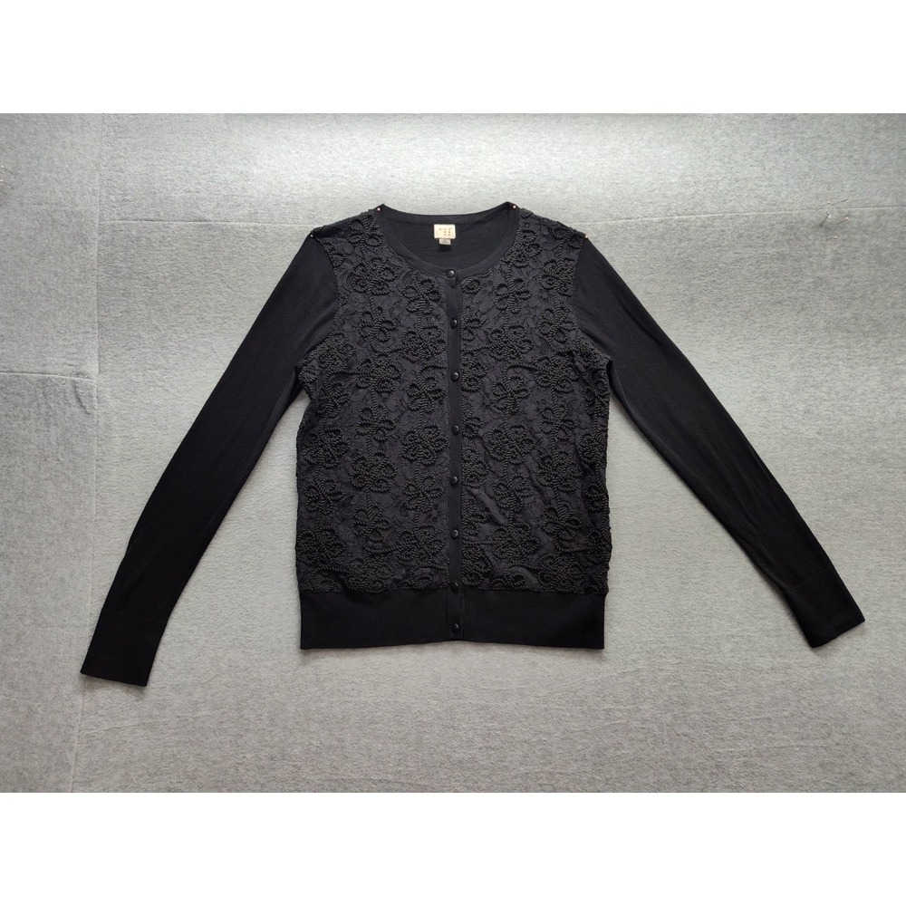 A New Day Women Cardigan Sweater M Black Lace Details Button Long Sleeve Casual